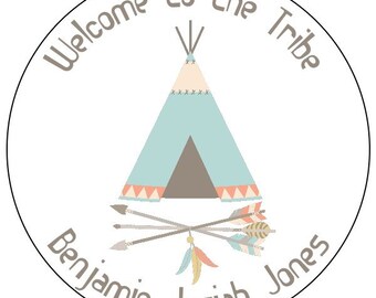 baby tribal stickers - tribal baby announcement labels - feather teepee baby labels - welcome to the tribe baby stickers