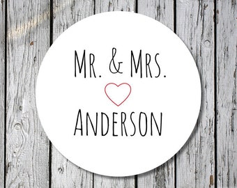 custom wedding stickers - mr. and mrs. labels - custom bridal shower stickers - wedding heart stickers - personalized wedding