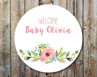 floral baby shower stickers - watercolor flower baby shower stickers - custom welcome baby shower labels - pink and blue flower stickers