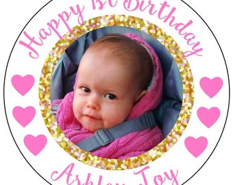 1st birthday photo stickers - pink and gold first birthday photo stickers - gold glitter birthday photo labels - personalized photo label