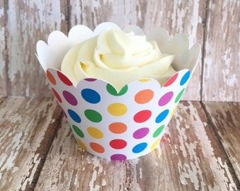 24 Regenbogen-Cupcake-Wrappers - Tupfen-Cupcake-Wrappers - Primärfarbe Polka Dot-Cupcake-Wrappers - individuelle Regenbogen-Wrappers