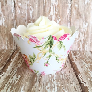 24 floral cupcake wrappers, pink and cream flower cupcake wrappers, country floral wrappers, country wedding flower wrappers