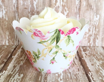 White Tulip Wraps with Floral Design x 24 by Yolli Floral Pattern Cupcake Cases