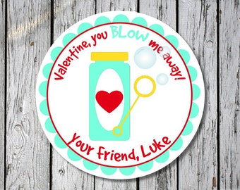 valentine's bubble stickers - personalized school bubbles valentines stickers - blue and red bubble valentines labels