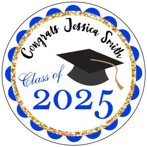 May include: Round blue and gold graduation sticker with the text "Congrats Jessica Smith Class of 2025" and a black graduation cap.