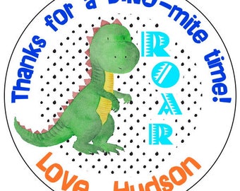 dinosaur party stickers - dinosaur birthday party labels - custom dino-mite party labels - watercolor dinosaur party stickers