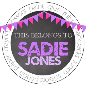 back to school chalkboard stickers, this belongs to sticker, custom school stickers, pink purple school labels, personalized for girls