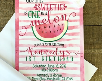 12 watermelon birthday invitations - watermelon 1st birthday invite - watercolor watermelon invitation - one in a melon birthday invite