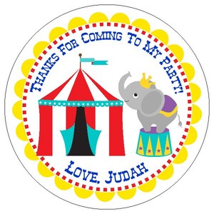 circus birthday labels - carnival birthday party stickers - custom circus party labels - elephant party stickers - 3 sizes available