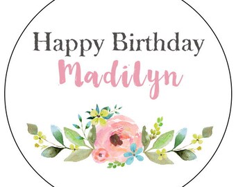花の誕生日ステッカー - ハッピーバースデーステッカー - カスタム水彩花の誕生日ラベル - ピンクとブルーの花のステッカー
