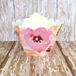 watercolor cupcake wrappers - pink watercolor flower cupcake wrappers - modern floral wrappers - pink and orange wedding flower wrappers