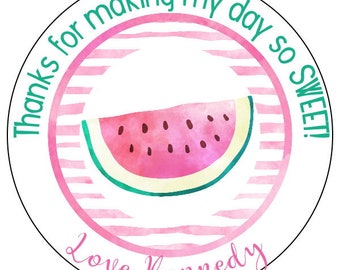 watermelon party stickers - watercolor watermelon labels - pink watermelon birthday stickers - fruit party stickers