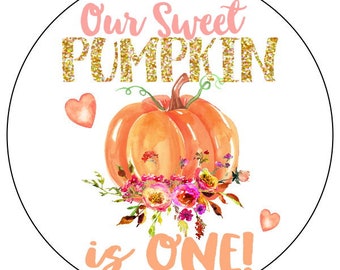 floral pumpkin first birthday stickers - gold pumpkin birthday stickers - flower pumpkin stickers - first birthday party labels