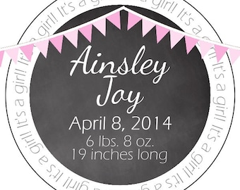 baby announcement stickers - custom baby stickers - chalkboard baby stickers - pink and black baby announcement labels