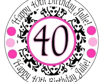 40th birthday stickers - fabulous at 40 stickers - pink and black damask stickers - custom fortieth birthday labels