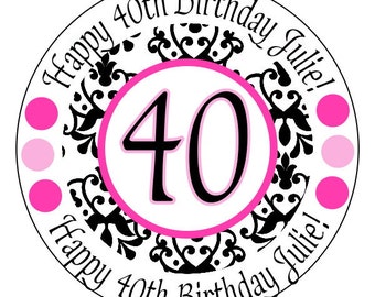 40歳の誕生日ステッカー - 40歳の素敵なステッカー - ピンクと黒のダマスク柄ステッカー - 40歳の誕生日のカスタムラベル