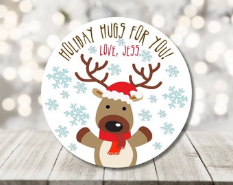 christmas reindeer stickers - reindeer hug stickers - personalized holiday hug stickers - snowflakes winter labels