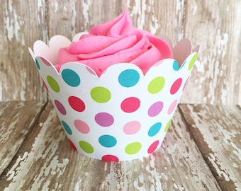 24 rainbow polka dot cupcake wrappers - rainbow wrappers - pink blue purple polka dot cupcake wrappers - custom rainbow wrappers