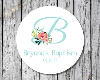 baptism stickers - custom floral baptism stickers - blue baby girl confirmation labels