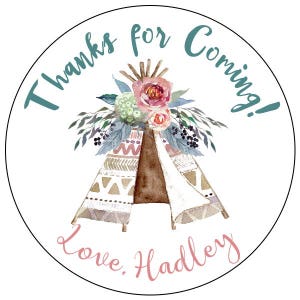 boho party stickers - teepee birthday party stickers - watercolor teepee labels - tribal birthday stickers - feather teepee labels
