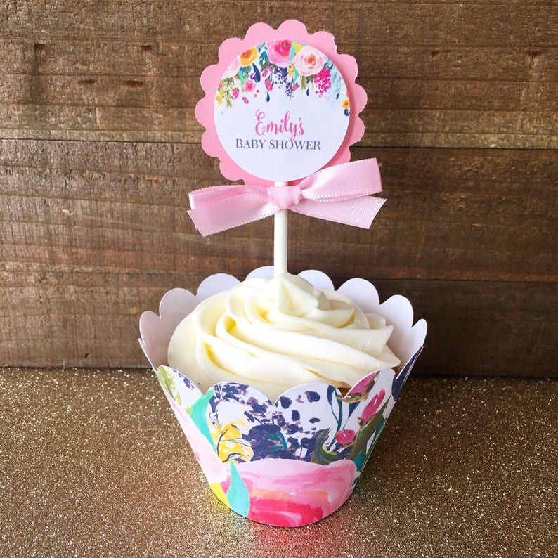 baby shower cupcake toppers personalized floral baby shower topper flower baby shower cupcake picks custom floral topper image 2