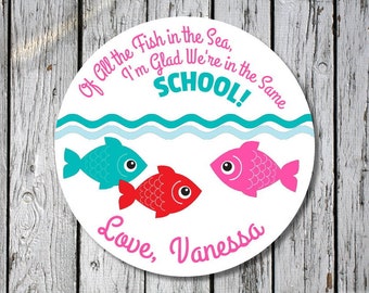 valentine's fish stickers - personalized school valentines stickers - pink and blue fish valentines labels