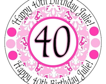 40th birthday stickers - pink damask stickers - pink 40th birthday stickers - custom fortieth birthday labels