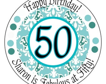 fabulous at 50 stickers - 50th birthday stickers - blue damask birthday label - 50th birthday party stickers - personalized fiftieth label