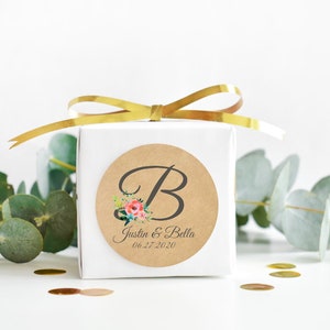 adesivi monogramma matrimonio kraft - adesivi personalizzati per matrimonio monogramma fiore acquerello - etichette personalizzate per addio al nubilato