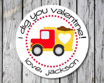 valentines dump truck stickers - i dig you valentine's - heart dump truck - boy valentines stickers