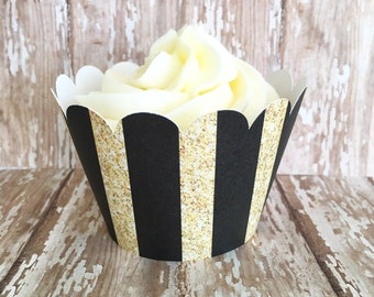 gold and black stripe cupcake wrappers, gold striped cupcake wrappers, wedding cupcake wrappers, set of 24