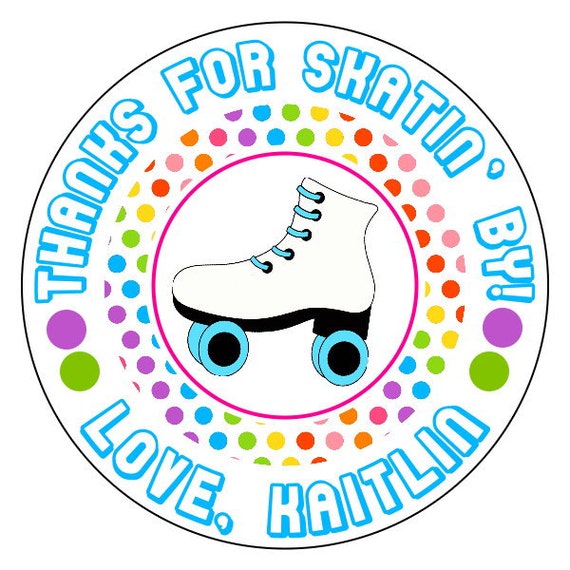 blue rainbow roller skate party stickers - polka dot roller skate birthday  stickers - retro roller skate party stickers