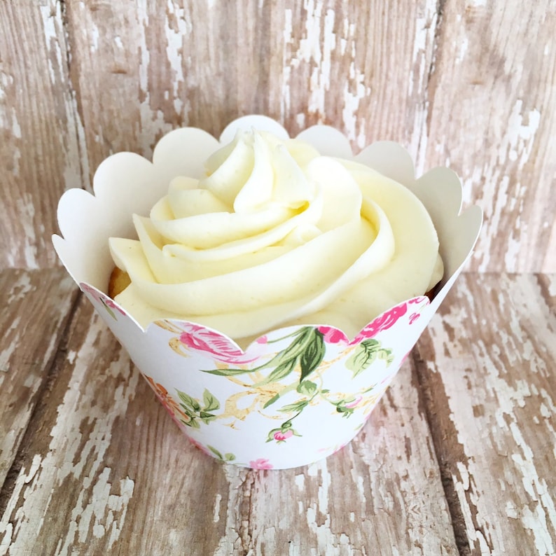 24 Floral Cupcake Wrappers Pink and Cream Flower Cupcake Etsy