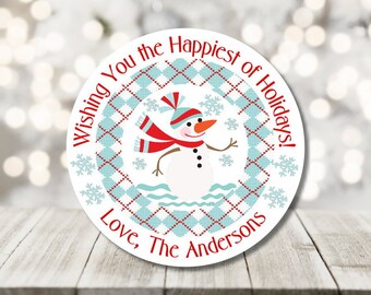 holiday snowman stickers - christmas labels - personalized plaid holiday stickers - winter holiday labels