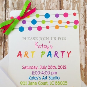 May include: A colorful invitation to an art party for Katey. The invitation features a string of colorful circles and the text "PLEASE JOIN US FOR Katey's ART PARTY" in rainbow colors. The party is on Saturday, July 28th, 2012 from 2:00-4:00 pm at Katey's Art Studio, 901 Jana Court, LC 88005.