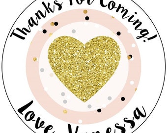 gold and pink birthday party stickers - thanks for coming party stickers - custom pink and gold wedding stickers - gold glitter stickers