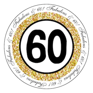60th birthday stickers - gold and black party stickers - sixtieth birthday labels - fabulous 60th stickers - golden 60th birthday