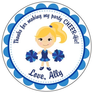 custom cheerleader party stickers - girl cheer party stickers - cheer birthday sticker - personalized cheer party sticker - blue cheerleader