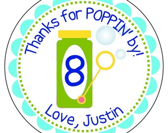 bubbles party favor stickers, blue bubbles birthday party labels, custom bubble stickers, blue green birthday stickers, bubble favor labels