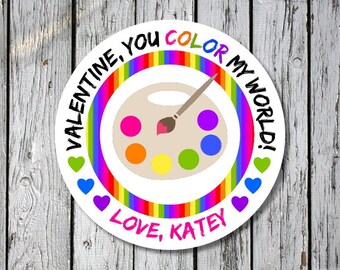 valentines color stickers - you color my world valentine's labels - rainbow paint valentines stickers