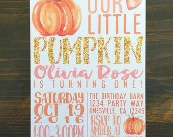 12 pumpkin birthday invitations - printed fall 1st birthday invite - gold glitter sparkle invites - first birthday fall invites