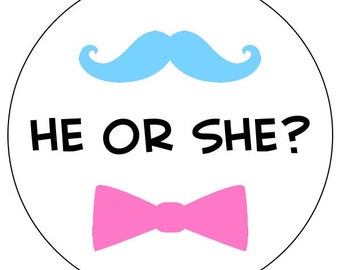 gender reveal stickers - he or she gender reveal stickers - mustache and bow gender reveal stickers - baby shower stickers