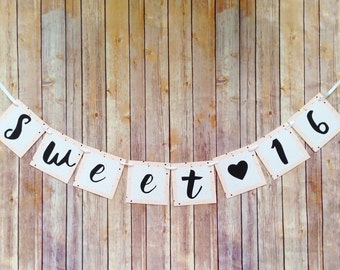 sweet 16 banner - pink and gold party banner - pink black gold 16th birthday banner - pink 16th birthday banner