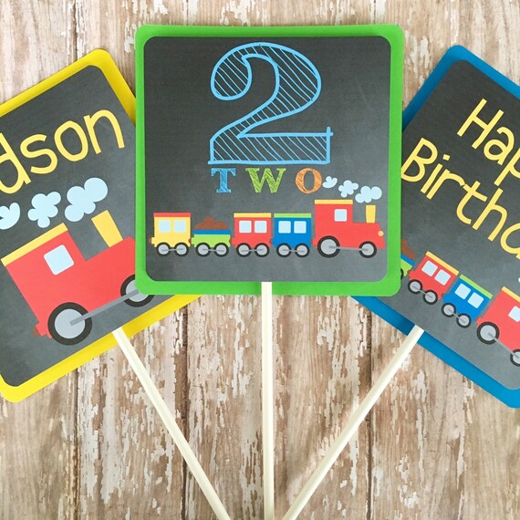 train birthday centerpieces - choo choo train centerpieces - custom train party center pieces - chalkboard birthday table toppers