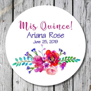 quinceanera stickers - floral quinceanera labels - custom 15th birthday - floral party labels - personalized quinceanera labels