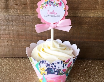 baby shower cupcake toppers - personalized floral baby shower topper - flower baby shower cupcake picks - custom floral topper