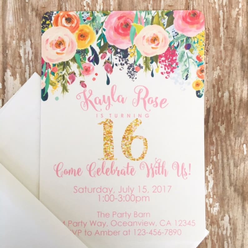 12 Floral Sweet 16 Birthday Invitations Printed 16th Birthday Etsy