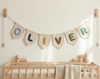 Custom Baby Name Canvas Banner, Personalized Nursery Wall Decor, Yarn Letter Kids Room Garland, Neutral Baby Shower Name Gift