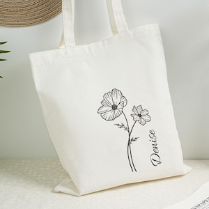 Personalized Canvas Tote Bag, Birthday Gift For Her, Custom Birth Flower and Name Canvas Bag, Gift For Woman,Wedding Gift, Bridesmaid Gifts