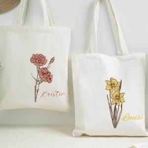 Custom Birth Month Flower Tote Bag, Personalized Gift for Her, Canvas Tote Bag, Bachelorette Bridesmaid Gifts, Custom Name Canvas Bag